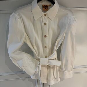 Tory Burch cotton peplum with gold buttons and on sleeves. Tie separate